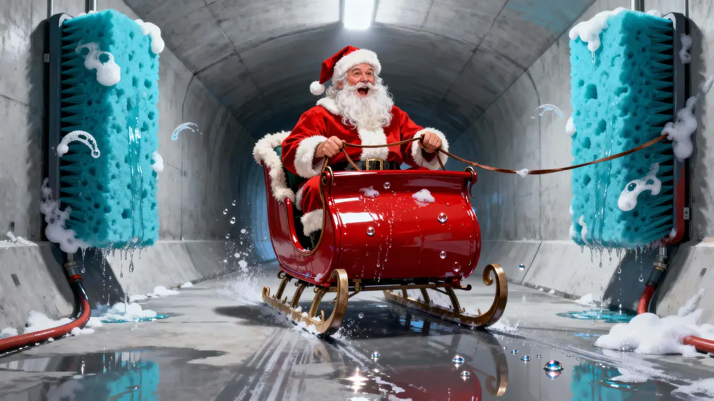 Santa Claus in Car Wash, whimsical commercial