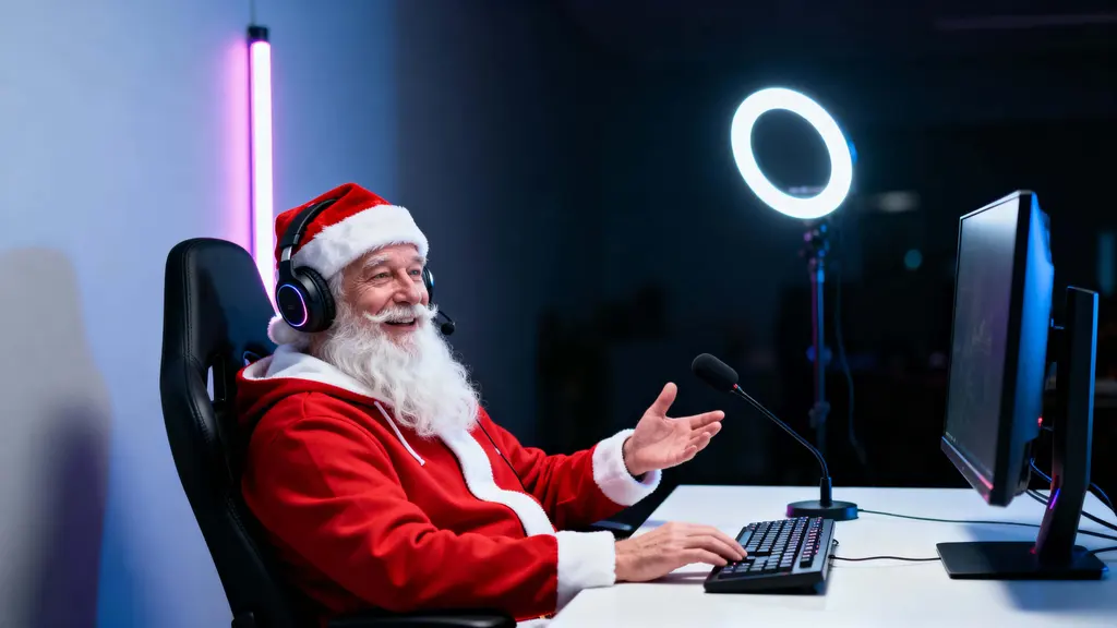 Santa Claus livestreamer in gaming setup