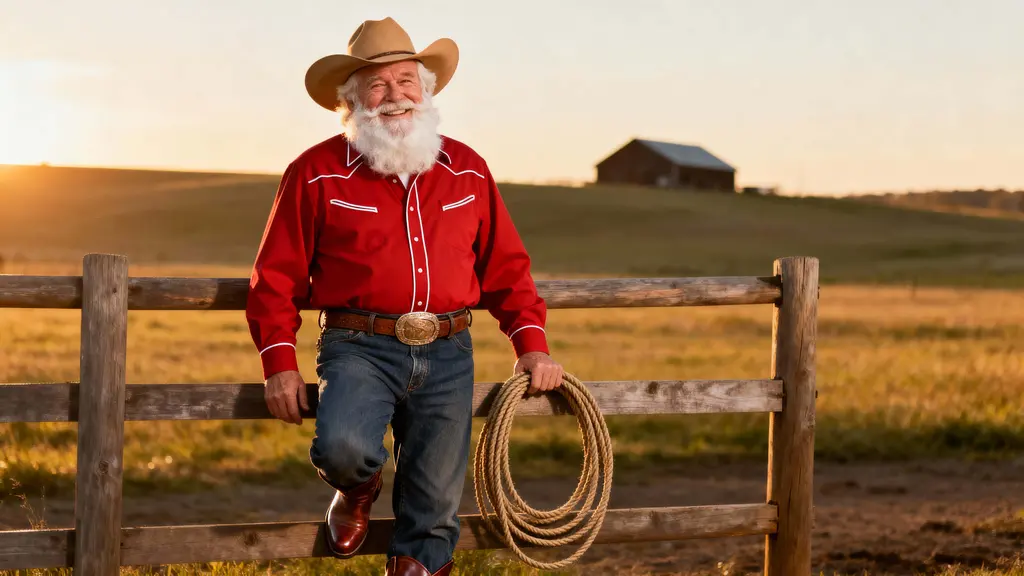 Santa Claus modern cowboy on ranch