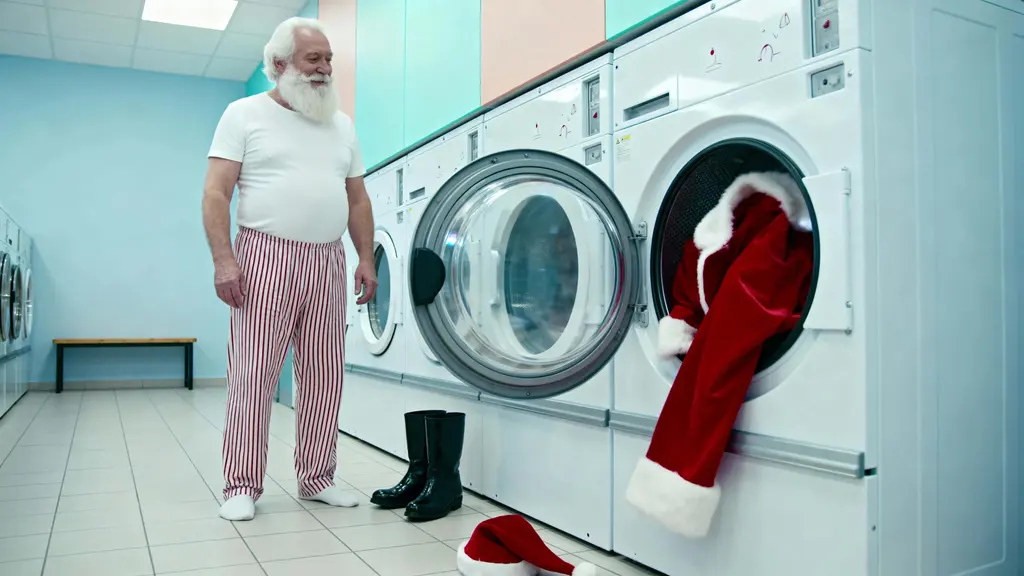 Santa in laundromat, playful ad-ready