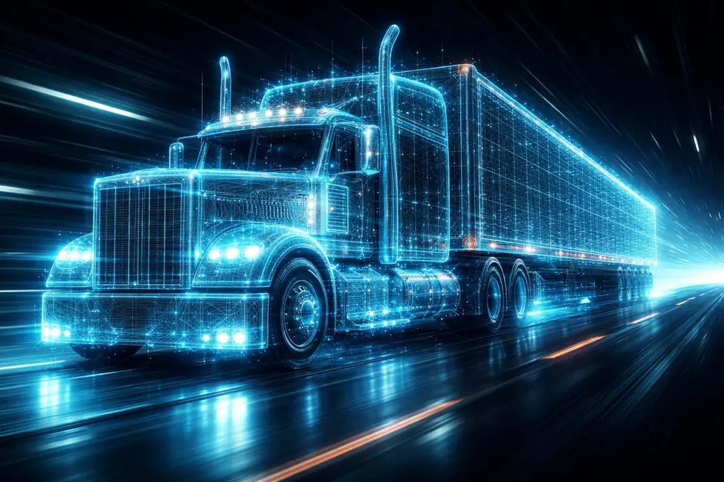 Semi-truck wireframe glowing in digital tunnel