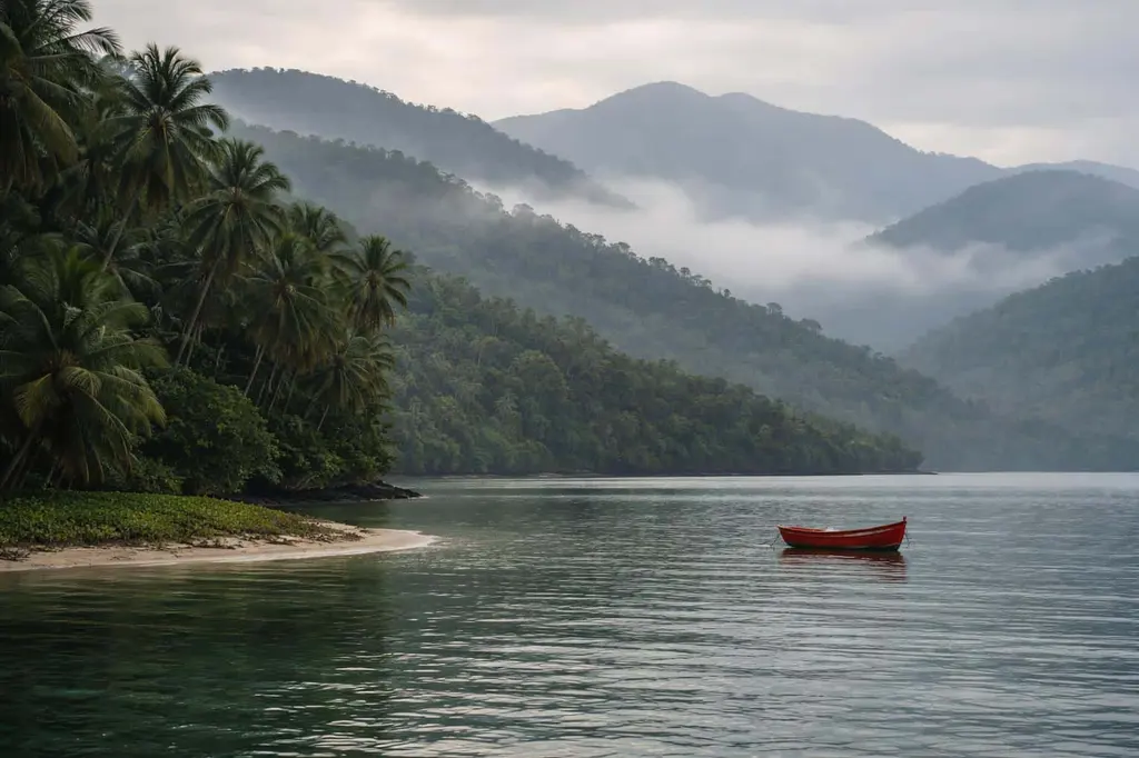 small red boat landscape photograph