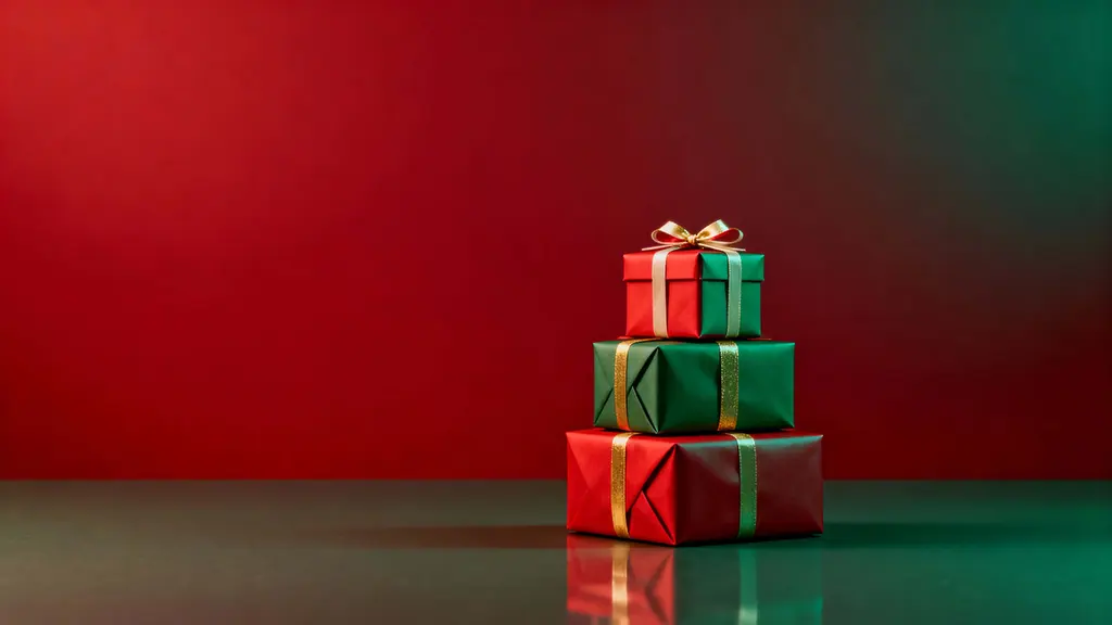 Stacked gift boxes on crimson backdrop