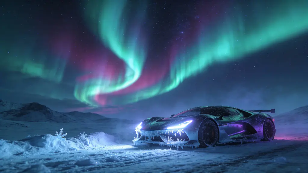 Supercar on Icy Snow at Night
