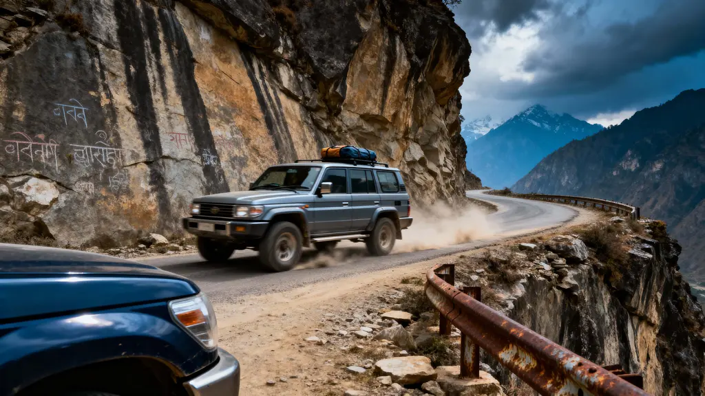 SUV climbing Himalayan cliff road