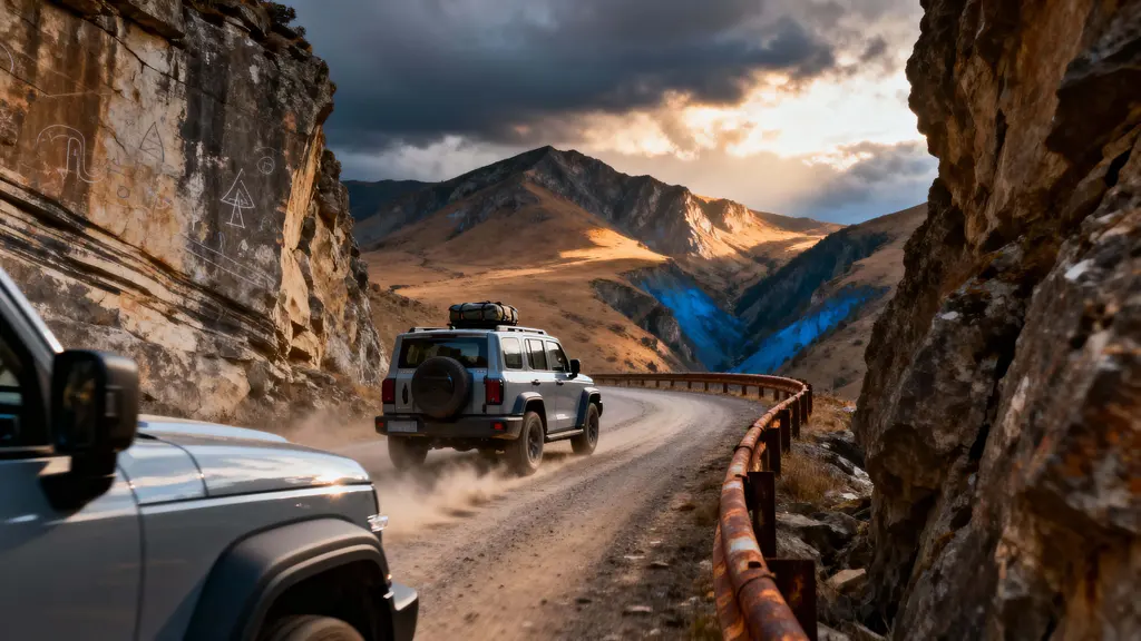 SUV climbing Himalayan cliff road