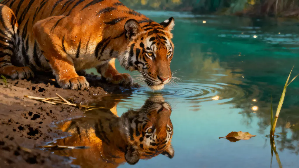 Tiger and Reflection at Golden Hour