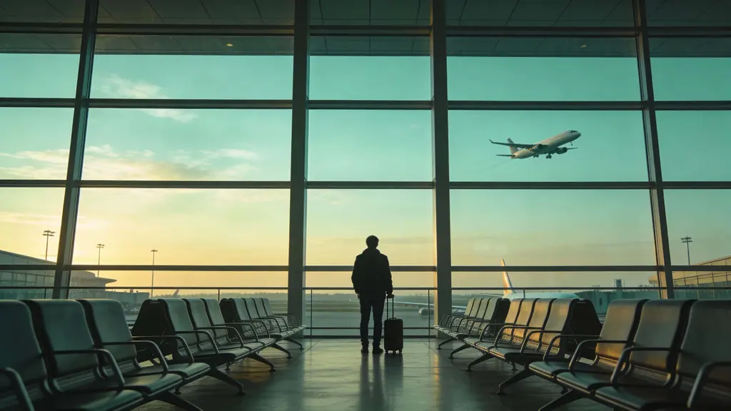 Traveler at airport terminal at dawn