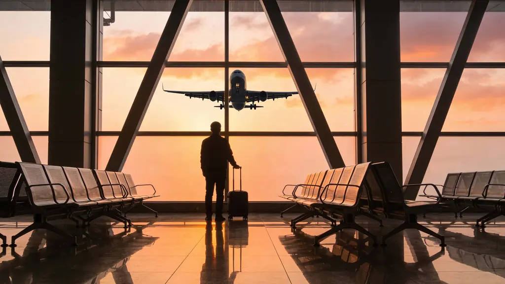 Traveler in airport terminal at sunrise