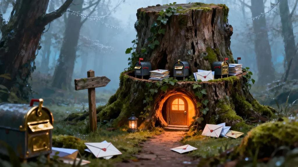 Tree-stump mail house with mailboxes