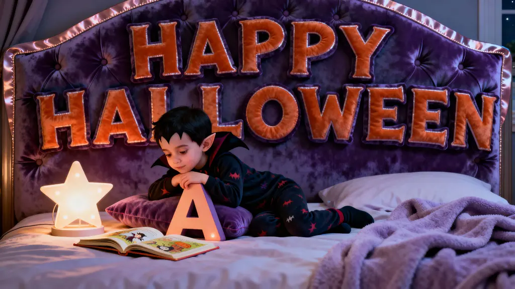 Tufted-pillows Halloween toddler reading cozy bedtime scene