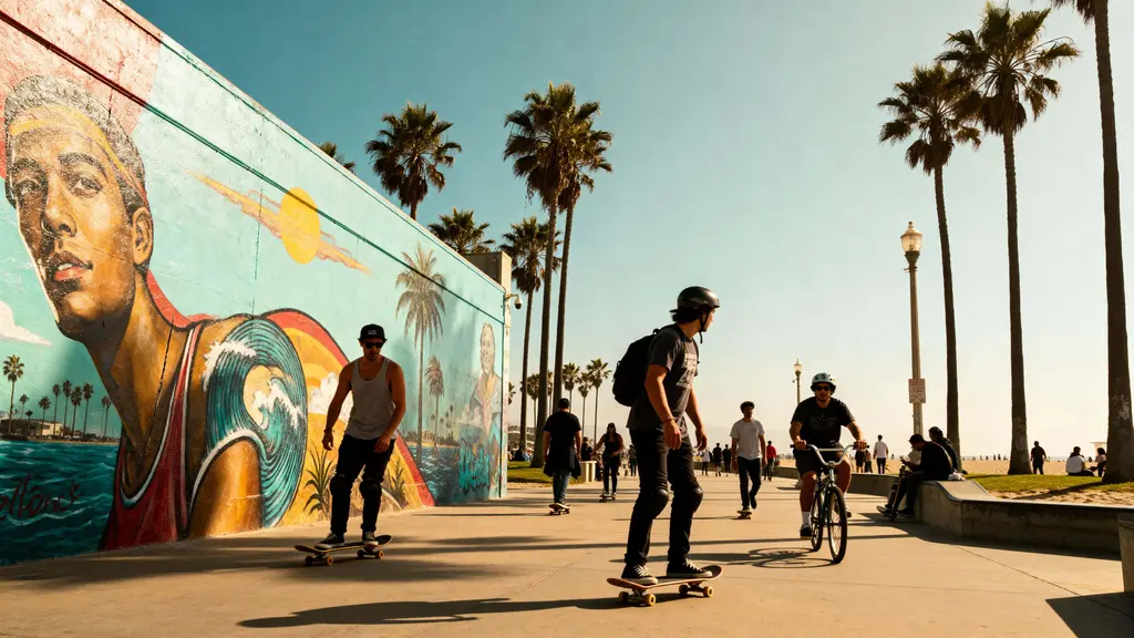 Venice Beach skaters and cyclists daylight