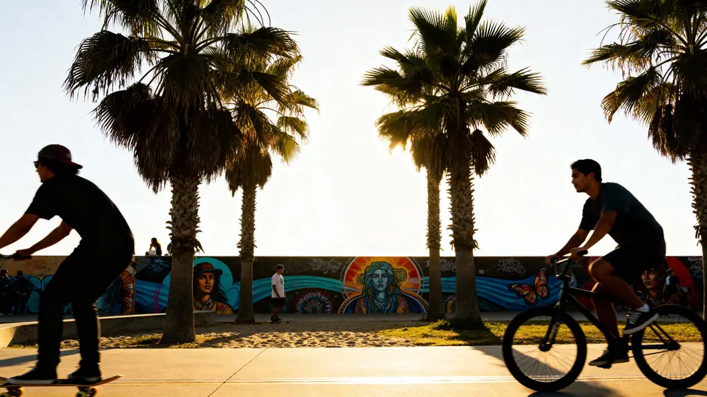 Venice Beach skaters and cyclists daylight