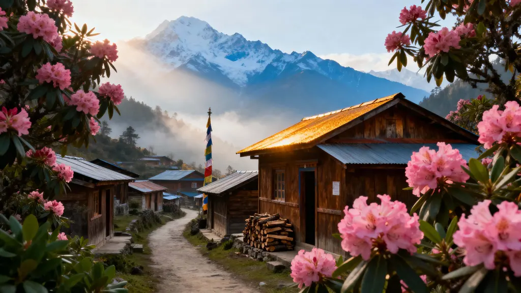 Wooden village with rhododendrons and mountains