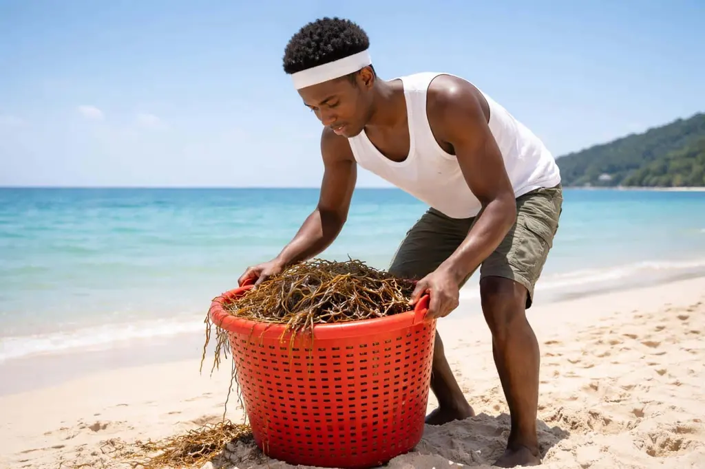 Young man lifting red basket during beach cleanup