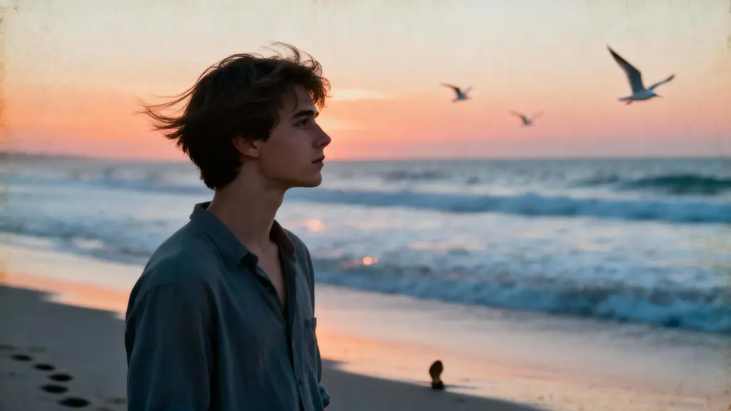 Young man on sunset beach