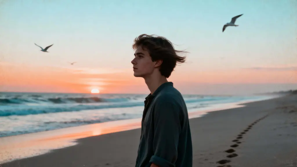 Young man on sunset beach
