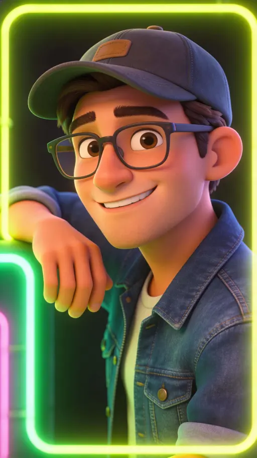 3D cartoon man with neon border