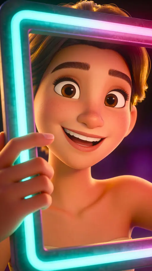 3D character portrait with glowing neon frame