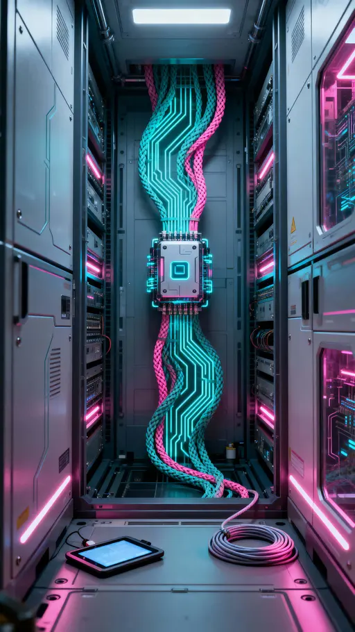AI-core lab glowing circuits vertical