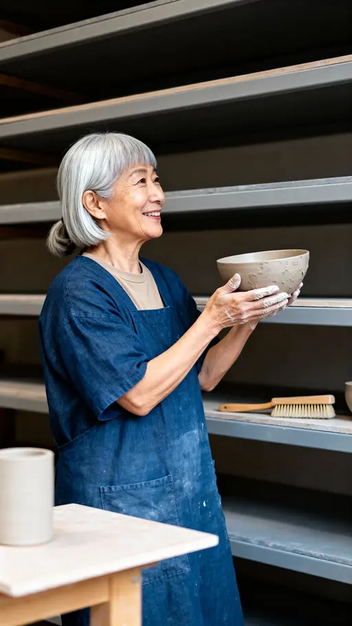 Aiko ceramicist carrying damp clay bowl