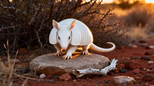 Albino armadillo on flat stone