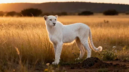 Albino cheetah in golden grass portrait