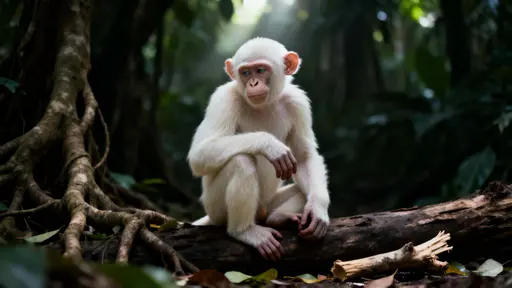 Albino chimpanzee thoughtful rainforest portrait