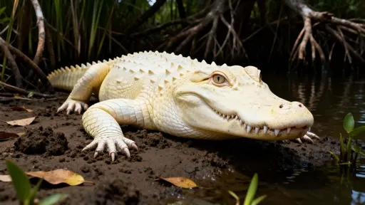 Albino crocodile on muddy riverbank