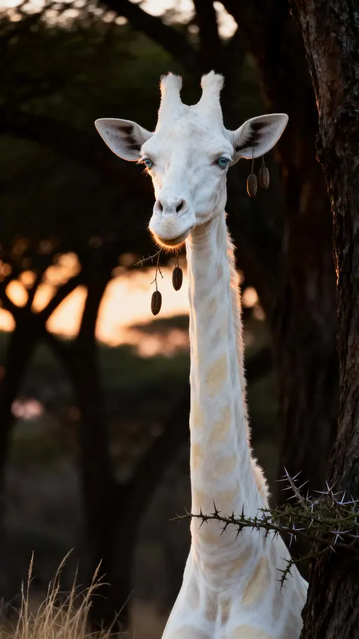 Albino giraffe beside acacia tree portrait