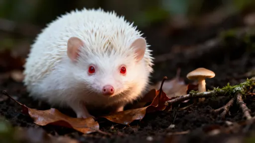 Albino hedgehog ultra-close forest portrait