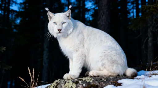 Albino lynx on forest rock portrait