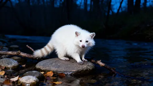Albino raccoon woodland stream portrait