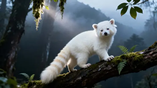 Albino Red Panda on Mossy Branch Portrait