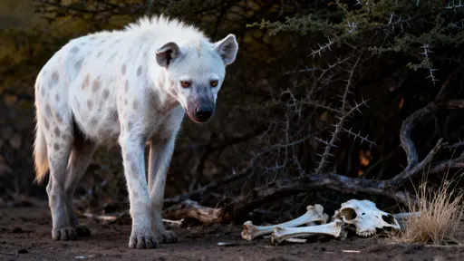 Albino spotted hyena portrait in savanna
