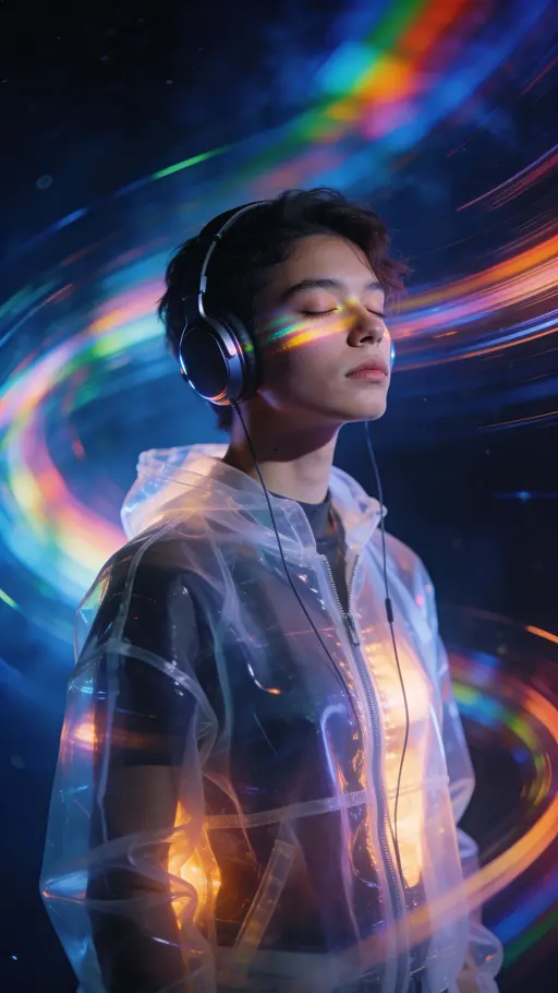 Androgynous figure wearing headphones in rainbow light