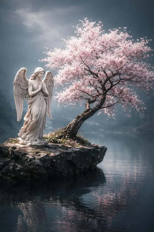angel statue with cherry-tree 3d-render