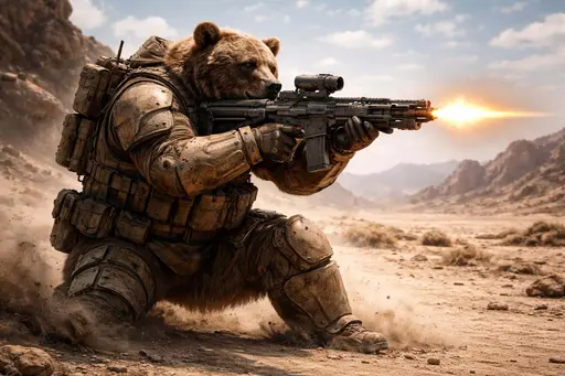 Armored bear soldier in desert combat render