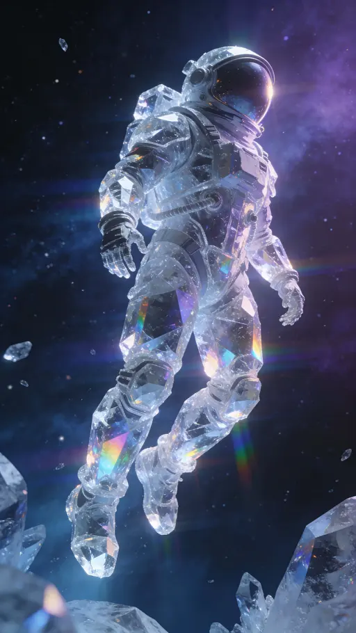 Astronaut ascending in crystalline armor