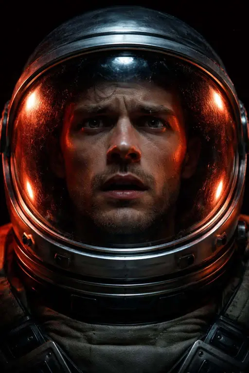astronaut helmet portrait, low-key photo