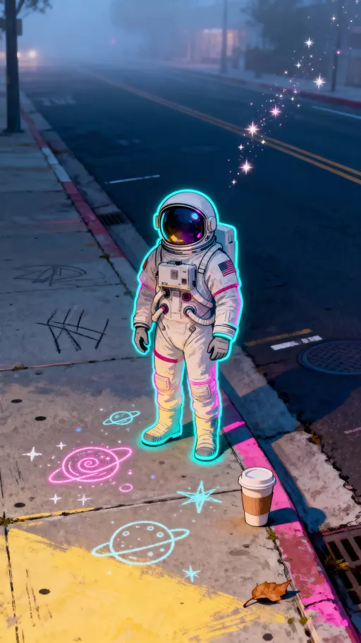 Astronaut on City Sidewalk at Dusk