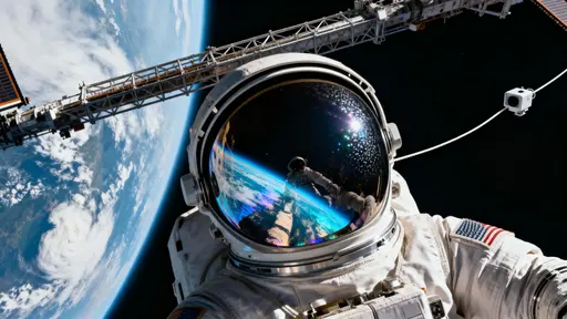 Astronaut tethered during spacewalk scene
