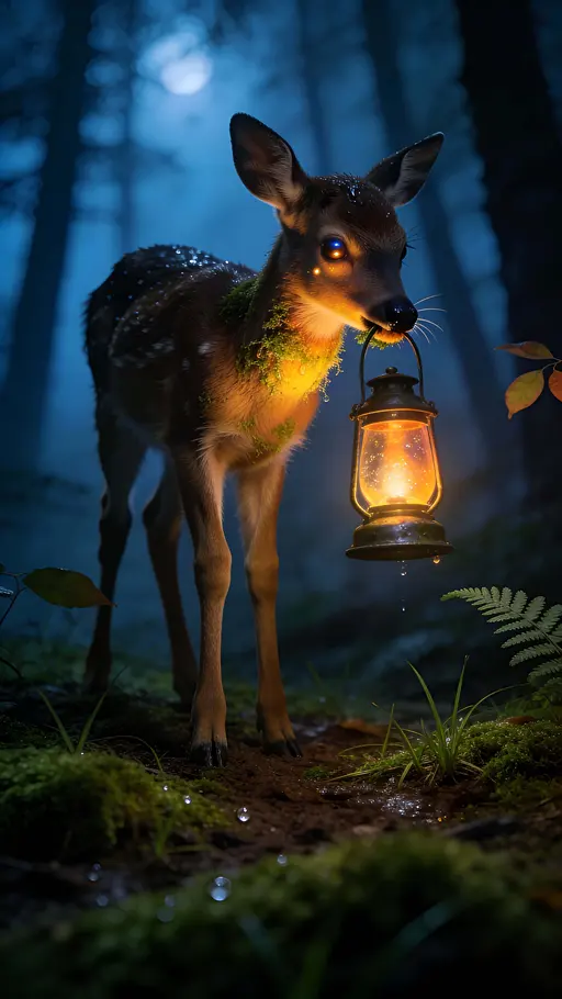 Baby Deer with Lantern, Photoreal Night
