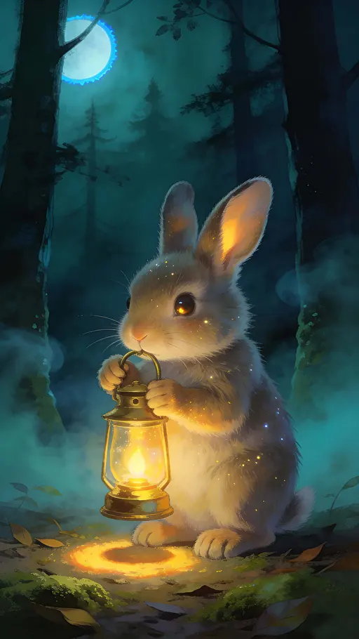 Baby Rabbit Lantern in Moonlit Forest, Tender