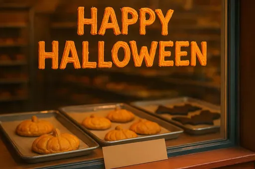 Bakery window with Halloween frosting