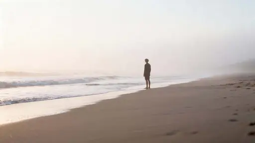Beach figure at foggy shoreline