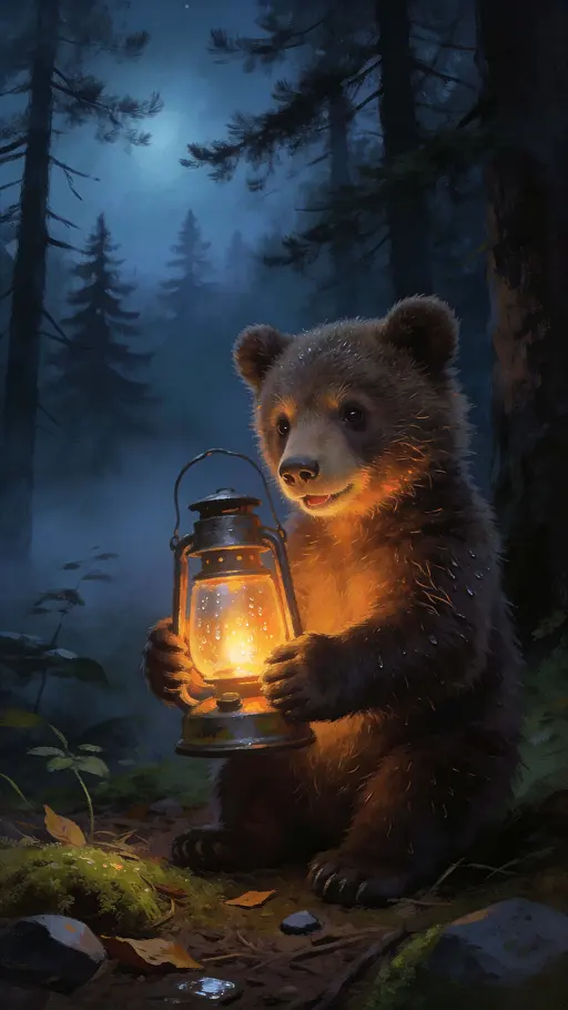 Bear cub with lantern, gentle nighttime