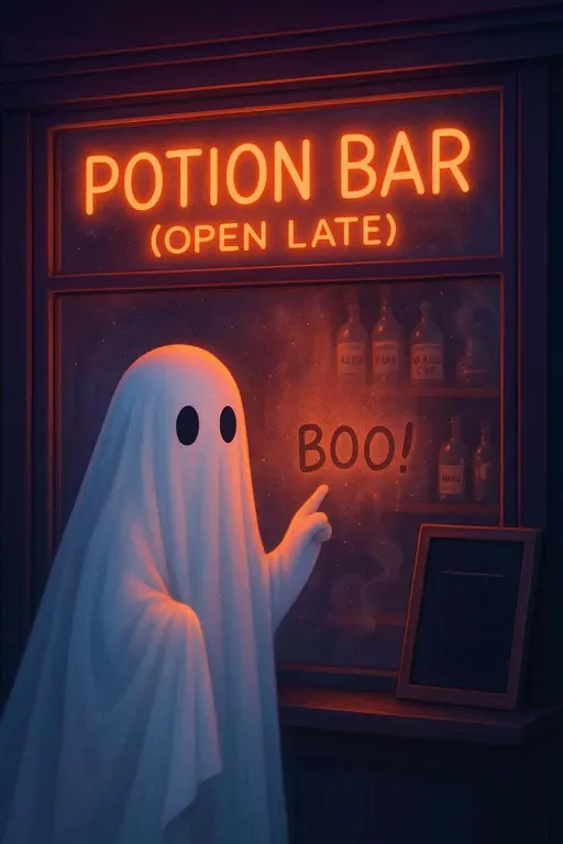 Bedsheet ghost outside potion bar