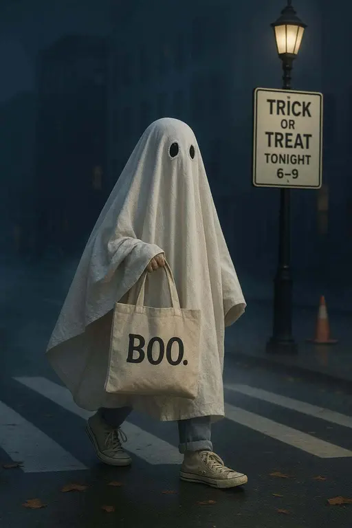 Bedsheet ghost strolling crosswalk at night