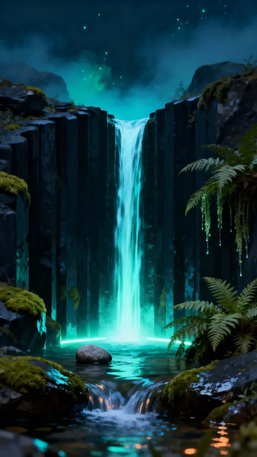 Bioluminescent Waterfall Vertical Night Frame